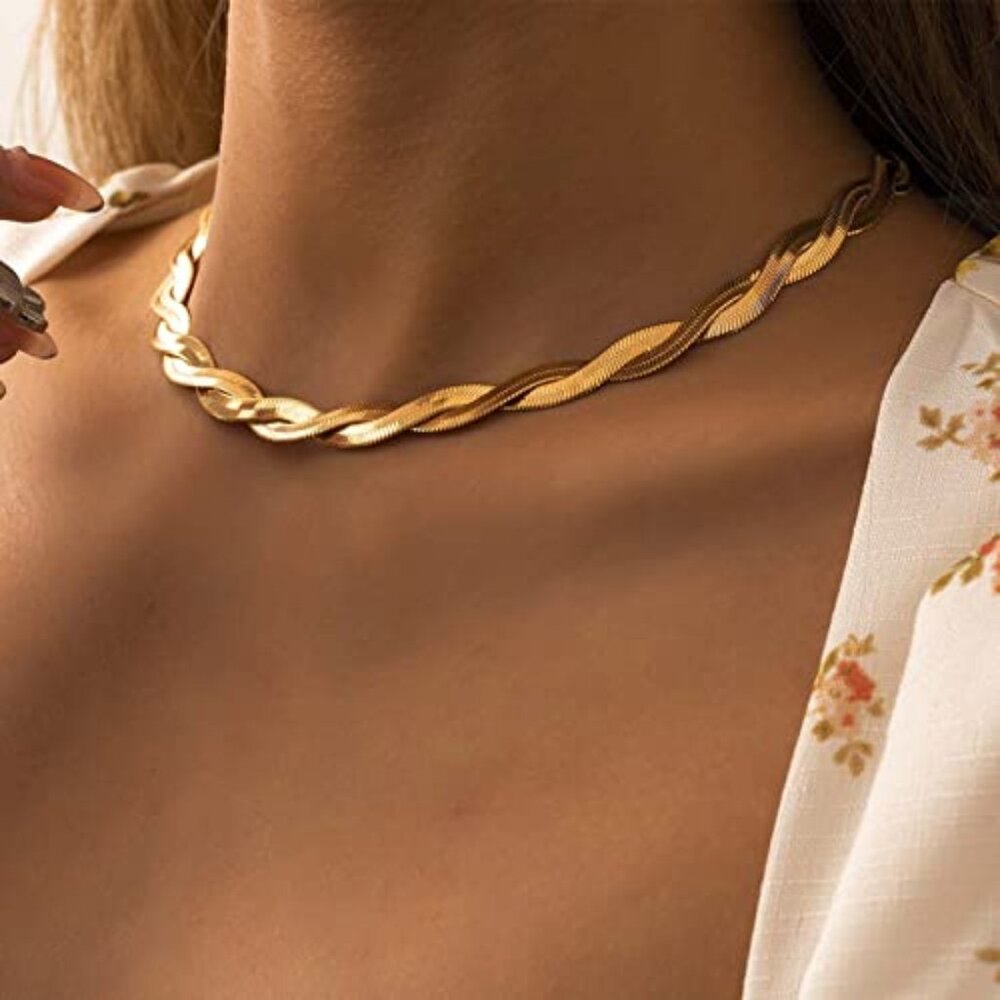 Punk Herringbone Necklace for Women Gold Twist Snake Chain Choker‎ Necklace